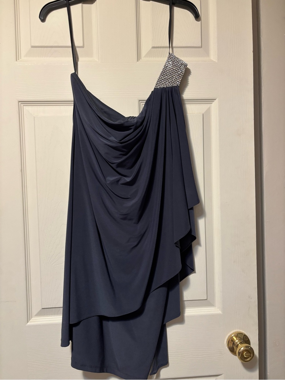 Adam Navy One-Shoulder Draped Dress with Rhinestone Strap